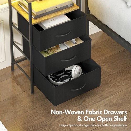 Ufurniture LED Nightstand with Charging Station 3 Fabric Drawers Black&Brown - Picture 6 of 8