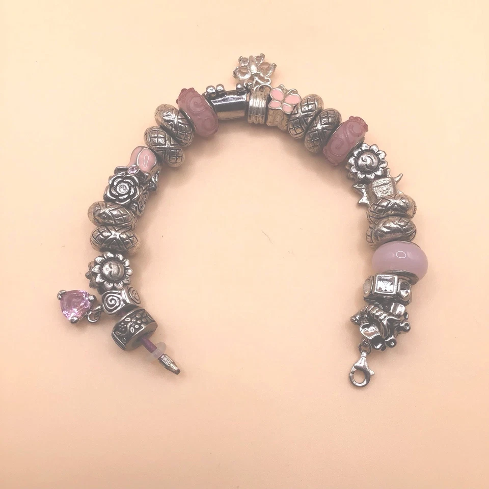 Charms Armband Rosa versilbert / Murano Glas 23 Beads Unikat 🎀 - Bild 2 von 4