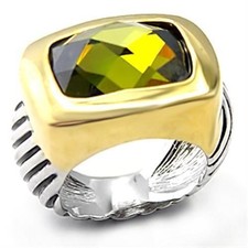 7X127 - Reverse Two-Tone Brass Ring with AAA Grade CZ in Olivine color