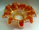 Dugan Glass Peach Opalescent 9" Single Flower Ruffled Bowl