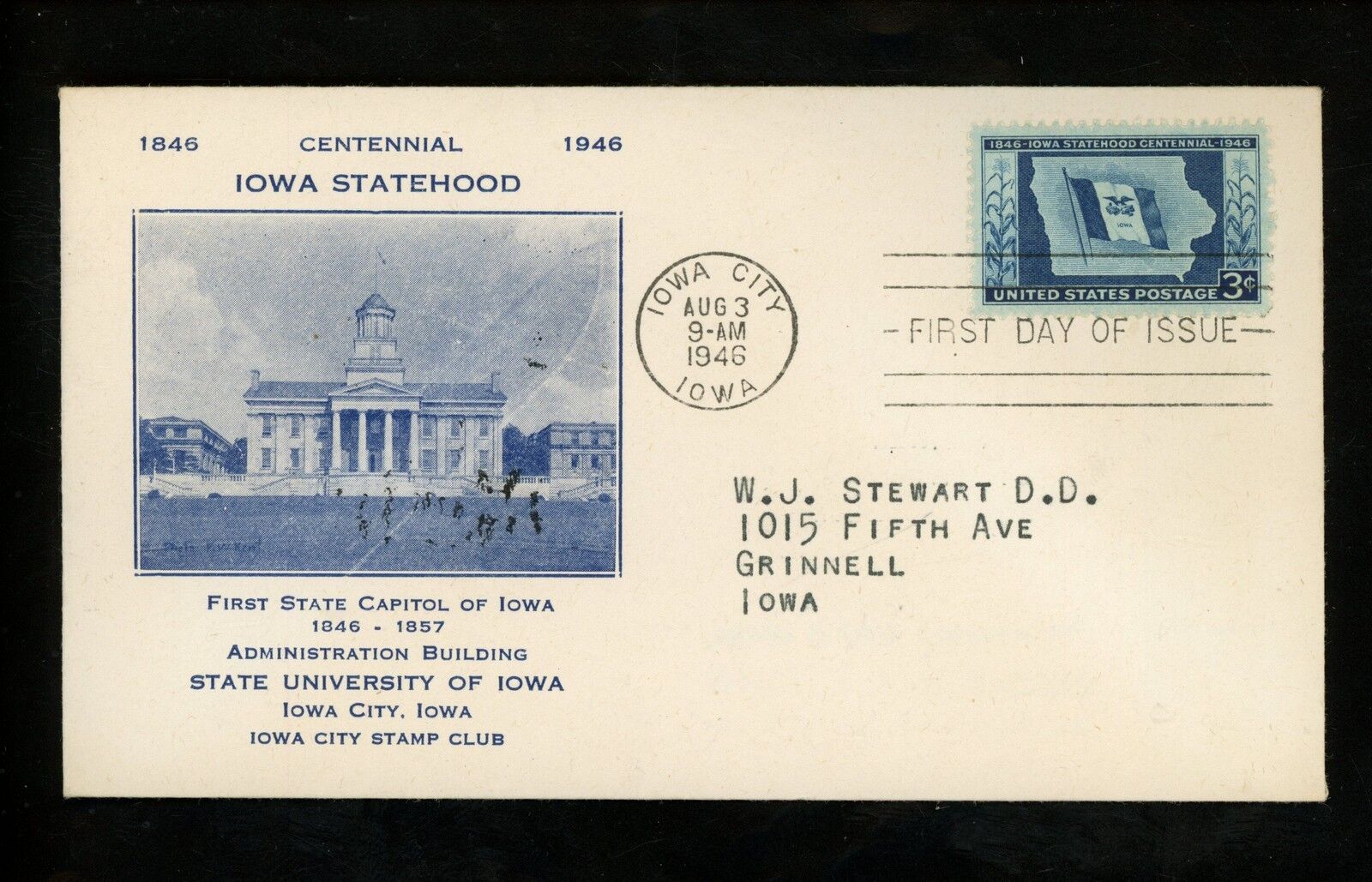 US FDC Miami Mall #942 Iowa City Stamp Club Cen 1946 M-24 Excellence IA Statehood