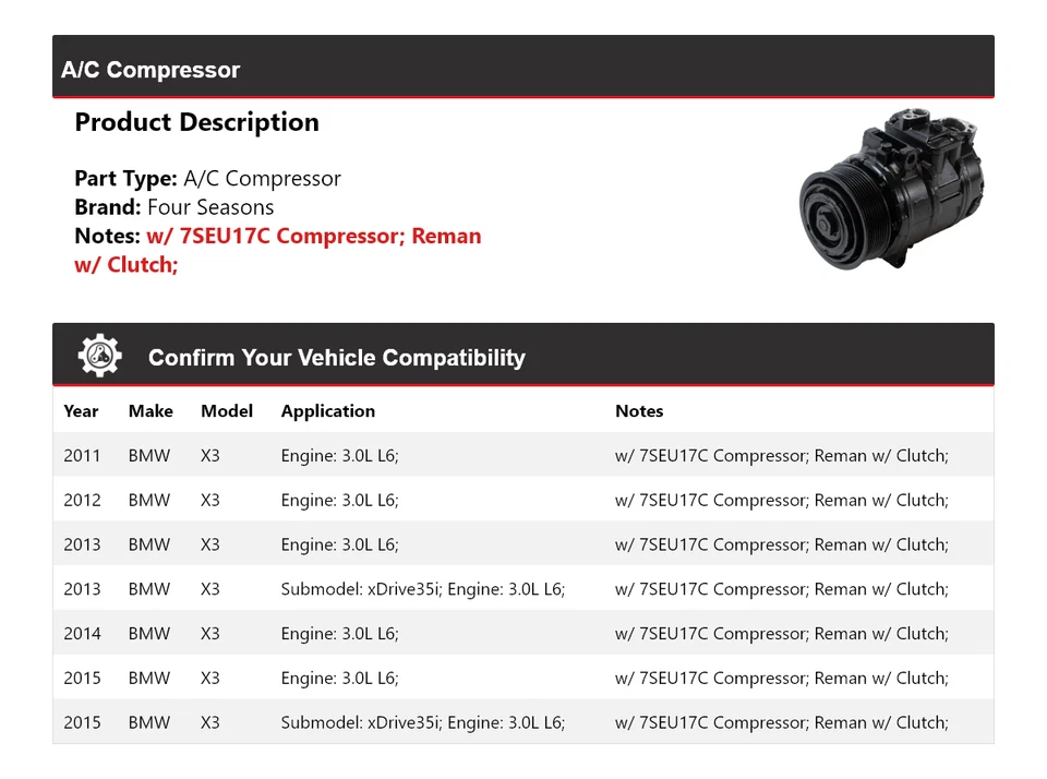 适用于 2011 - 2015 宝马 X3 3.0L L6 空调压缩机 4 季 2012 2013 2014 — 第 2/3 张图片