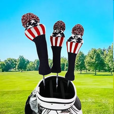 3pcs USA Pom Knit Long Neck Golf Head Cover For Driver Fairway Wood Club Head