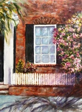 Lovely Home Entrance, Window, Flowers, Orignal Oil Painting IMPRESSIONISM