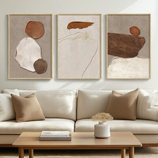 Framed Large Neutral Modern Abstract Wall Art, Set of 3 Canvas Paintings Artw...