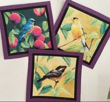 3 Large Purple Edged Bird Patches- Iron On fabric appliques Assorted sets