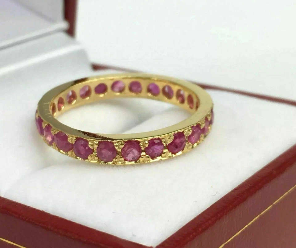 Genuine Red Ruby 2Ct Round Cut Full Eternity Wedding Band 14K Yellow Gold Plated - Image 4 of 4