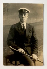 Antique 1919 Real Photo Postcard Young Man In Uniform With Stick 3.5x5.5 Inches