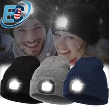 Knitted Beanie Hat w/LED Light Winter USB Rechargeable Headlamp Cap Men Women