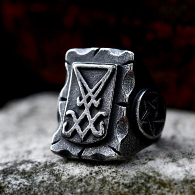 Men's Satan Lucifer Sigil Retro Signet Ring Stainless Steel Heavy Biker  Jewelry