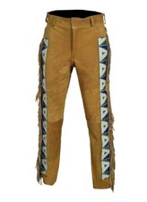 Men Native American Western Cowboy Buffalo Suede Leather Pants Fringes Beaded P3