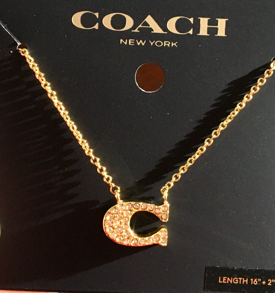 COACH Pave SIGNATURE C NECKLACE Gold Tone Plated Brass RHINESTONE 91433 ...