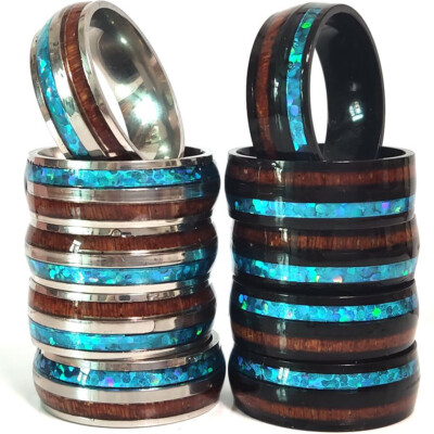 30pcs Silver Black Half Shell Half Wood Inlay Stainless Steel Ring Unique Gifts
