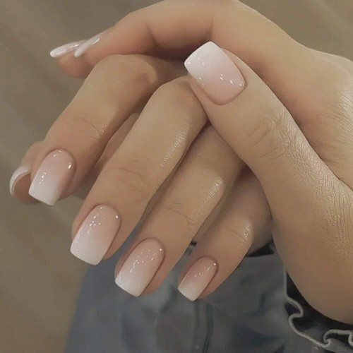 glossy-press-on-nails-set-short-oval-shiny-gradient-french-nail-art-design-reusa - Picture 2 of 32