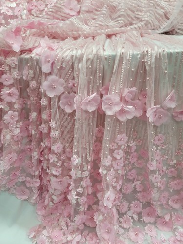 Pink Beaded Lace Fabric By The Yard 3d Floral Flowers Embroidery Lace Fashion - Picture 8 of 8