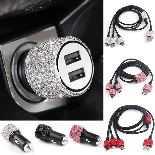 Women Crystal Dual USB Port Car Quick Rhinestones Bling Charger Cable Car Ch SFB