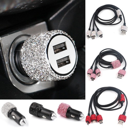 Women Crystal Dual USB Port Car Quick Rhinestones Bling Charger Cable Car Cha'3c - Afbeelding 1 van 16