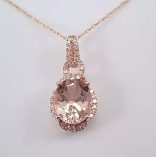 3.00Ct Oval Cut Lab Created Morganite Halo Pendant Necklace 14K Rose Gold Plated - Picture 3 of 4