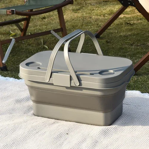 Army Green Foldable Outdoor Picnic Basket with Lid and Tabletop, Camping Storage