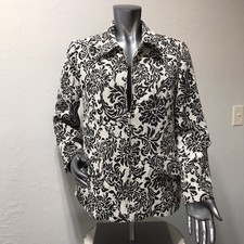 Alfred Dunner Sz 12 blazer mid-length jacket damask pattern White/ Black Zipper