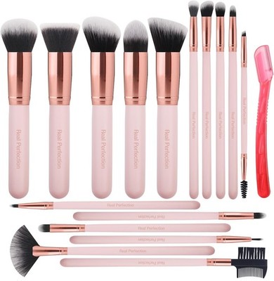 Real Perfection Pink Makeup Brush Set - 16 Pieces