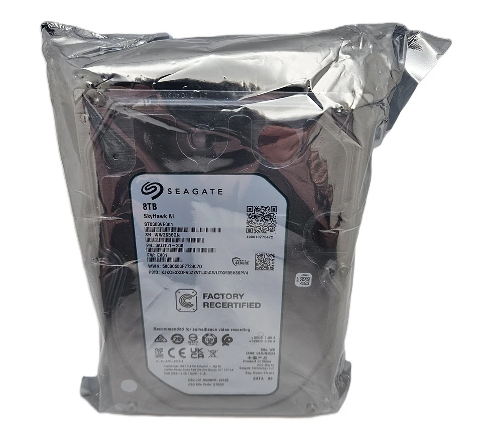 SEAGATE SKYHAWK AI 8TB 3,5" SATA DRIVE ST8000VE001 (RECERTIFIED) *SEALED* (LESEN)