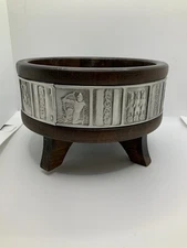 Vintage Hardanger Tredesign Norwegian Wood Bowl w/feet Pewter Viking Folk Art