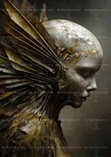 STONE FACE FEMALE ART PRINT, Fantasy Leaf Wing Decor, Dark Surreal Gothic Poster