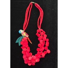 Vintage Red Wooden Bead Parrot Statement Necklace Tropical Macaw 26 Inch
