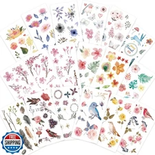 Knaid Watercolor Birds and Flowers Stickers Set - Decorative Sticker for Scra