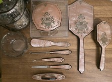 Vtg Art Deco Celluloid Dresser Vanity Set Mirror, Brush, Jar  Lid, Manicure Set