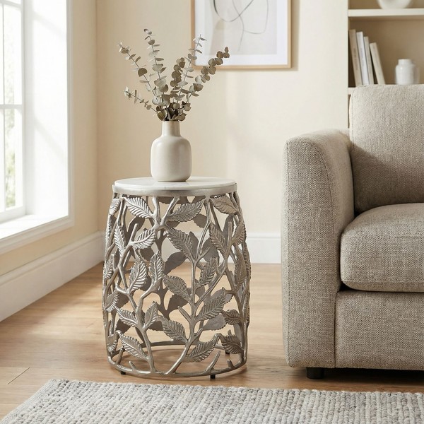 Beistelltisch 40Cm Silber Marmor Wohnzimmertisch Alu Sofatisch Couchtisch Rund-image