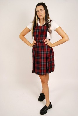 Plaid Overall Dress (S) small red tartan vintage scottish school uniform preppy