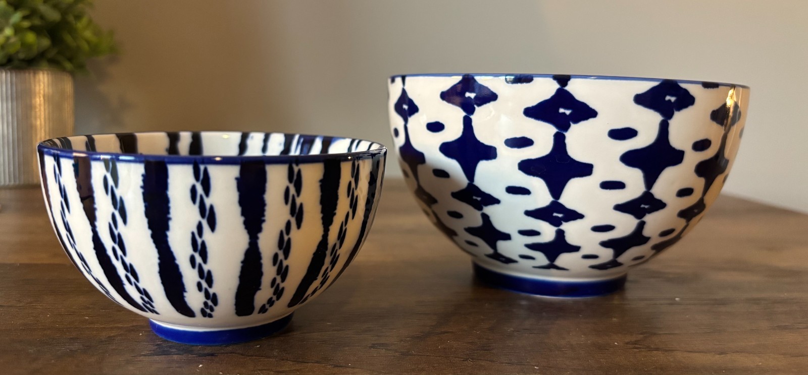 West Elm Blue & White Ceramic Bowl Set (2) Hand Painted Pattern 4” & 5”