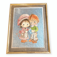 VINTAGE Boys And Girls Framed Illustration Wall Art Gold Frame 10x8