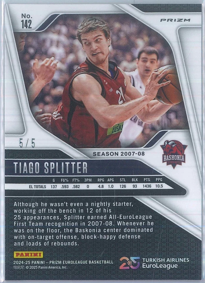 2024-25 Panini Prizm Euroleague Basketball Tiago Splitter Black Gold 5/5 #142 - Image 3 of 3