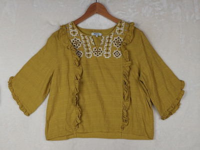 Madewell Cassia Top Womens XLarge Olive Aztec Ruffle Embroidered Boho Peasant