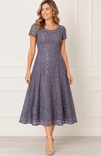 NWT SLNY Sequin Lace Midi Dress Size 10 Gray Lavender Formal Wedding Tea Length