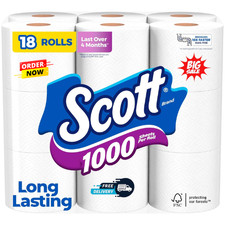 Scott 1000 Toilet Paper, 18 Rolls, Septic-Safe, 1-Ply Toilet Tissue