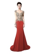 Red Mermaid Evening Dress Gold Beaded Illusion Neckline Formal Party Gown