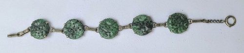 Antique Carved Old Mine Green Jade Sterling Silver Bracelet 7.5in Chinese Export
