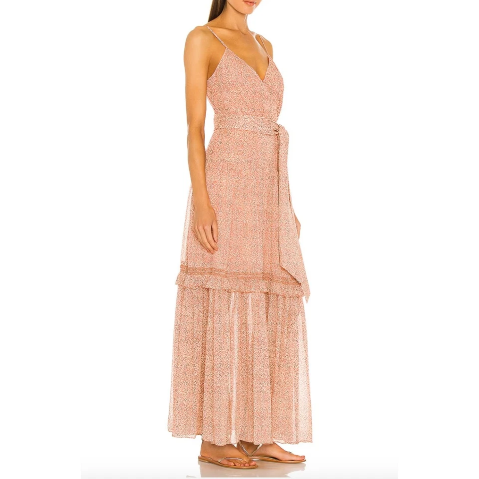 Simkhai Gia 印花褶皱丝绸雪纺分层长裙细肩带连衣裙 4 码 — 第 2/4 张图片