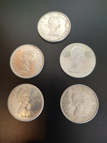 Lot of 5 Canadian $1 Dollar 80% Silver Coins, VG