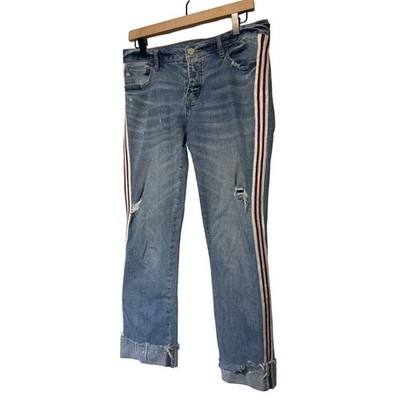 Dear John Tracksuit Stripe Distressed Cropped Jeans Blue White Women's Size 28