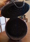 Old African Handcrafted Coiled Woven Basket With Stepped Lid & Raffia Tassel Top — photo 9