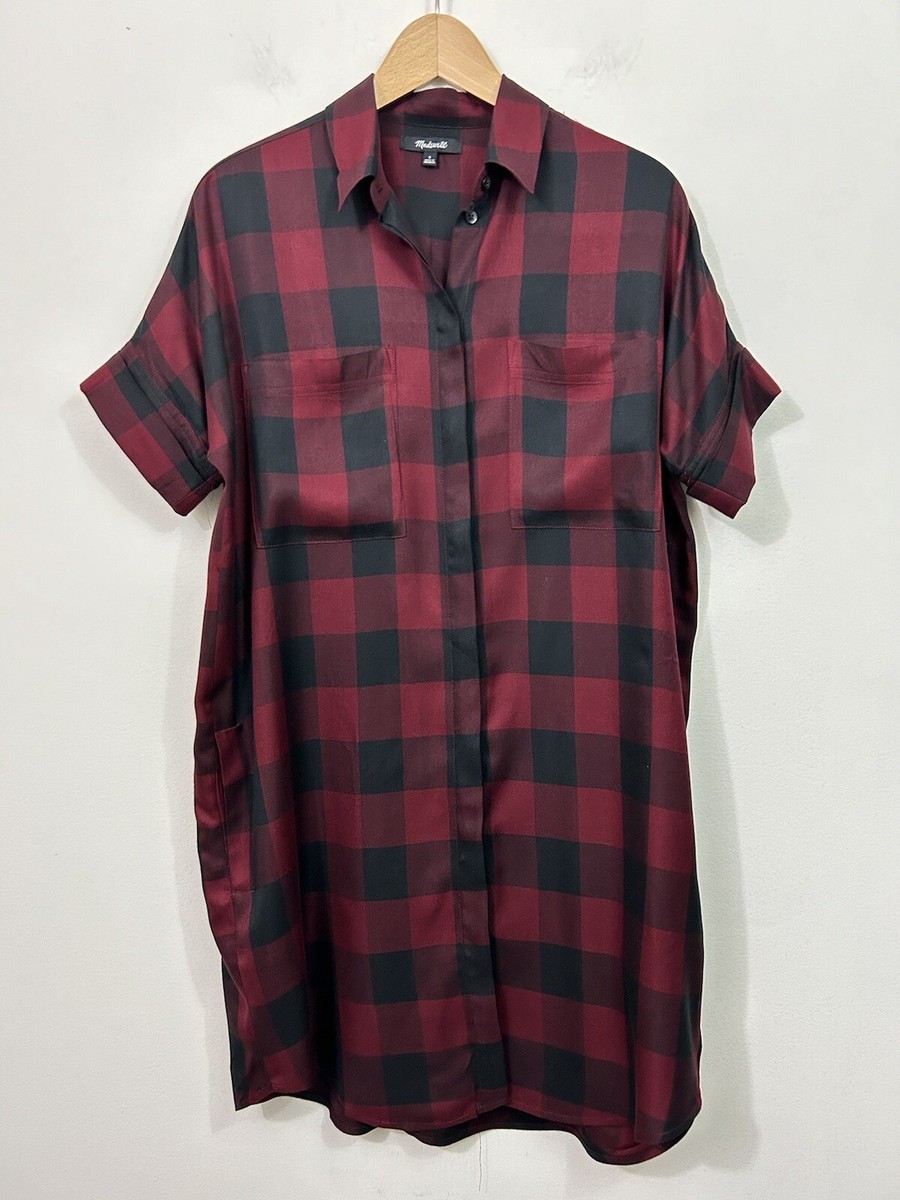 Madewell Buffalo Check Courier Plaid Rayon Shirt Dress Black Red Pockets Sz  S