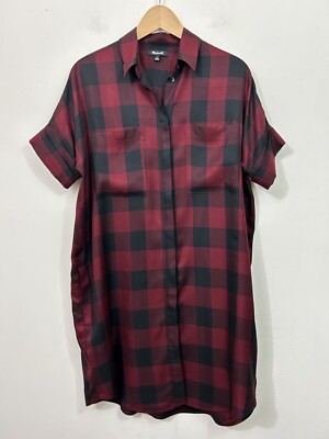 Madewell Buffalo Check Courier Plaid Rayon Shirt Dress Black Red Pockets Sz S