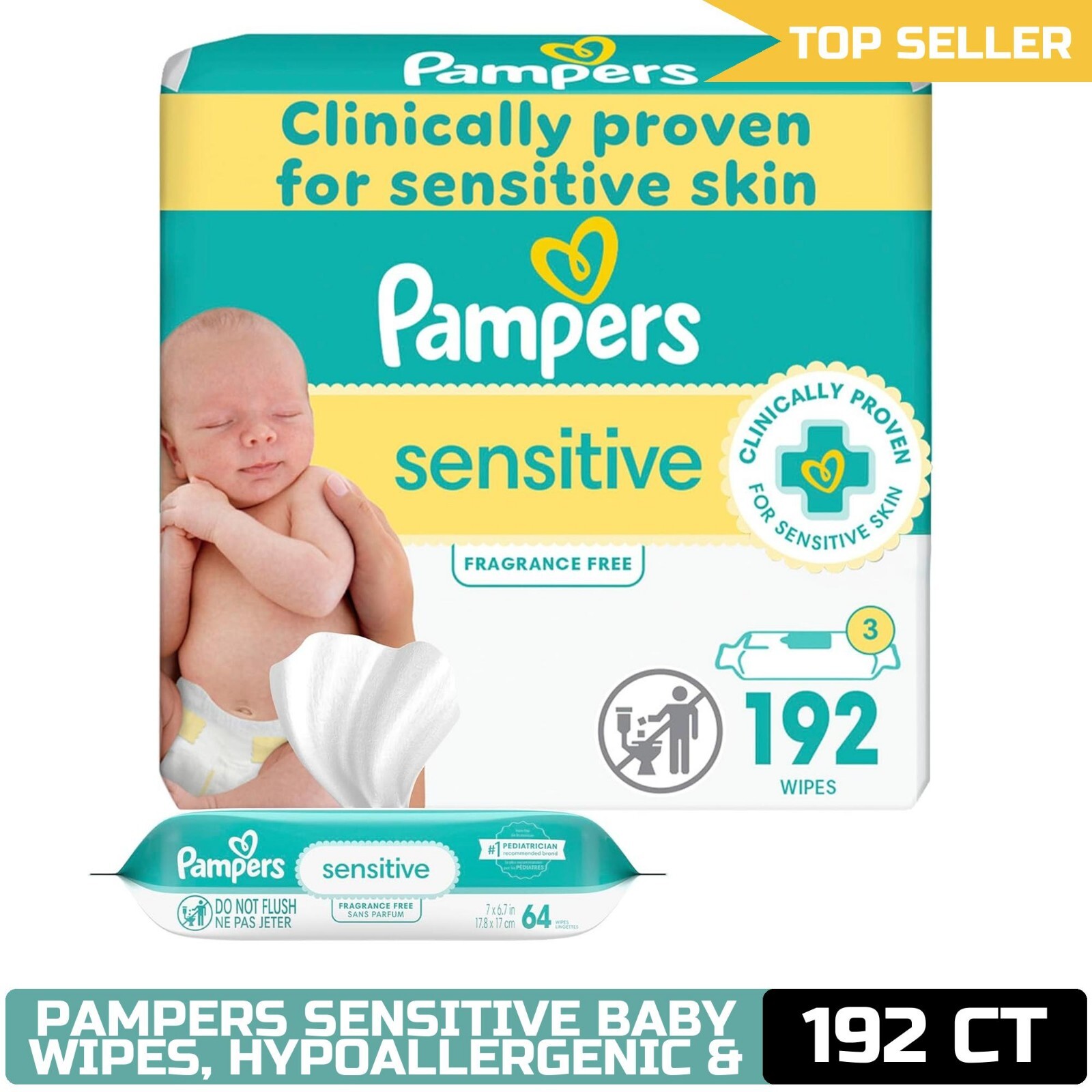 Pampers Sensitive Baby Wipes, Hypoallergenic & Unscented, 3 