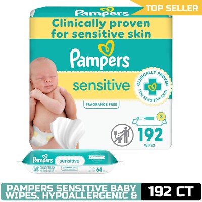 Pampers Sensitive Baby Wipes, Hypoallergenic & Unscented, 3 Refill Packs (192 Wi