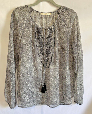 GRACE & MILA Blouse Women s Size Medium Sheer Long Sleeve Tasseled Top